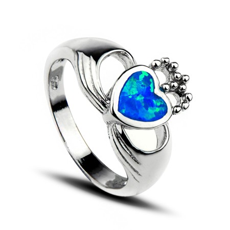Sterling Silver Blue Fire Opal Claddagh Ring - Click Image to Close